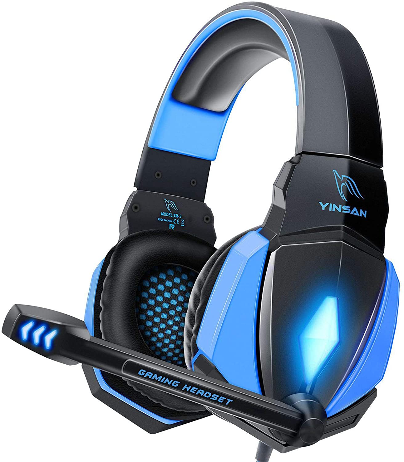 YINSAN Cascos Gaming, Auriculares Premium Stereo con Micrófono, Luz LED y Control Volumen, Diadema Acolchada y Ajustable para PS4/Xbox One X/S/PC/Laptop/Tablet